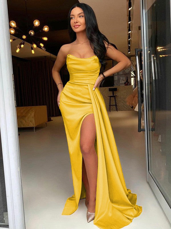 Too Much Fun Sheath Style Elastic Woven Satin Ruched Strapless Sleeveless Sweep/Brush Train Prom Dress