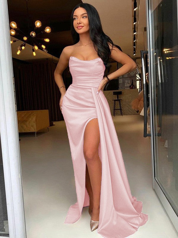 Too Much Fun Sheath Style Elastic Woven Satin Ruched Strapless Sleeveless Sweep/Brush Train Prom Dress