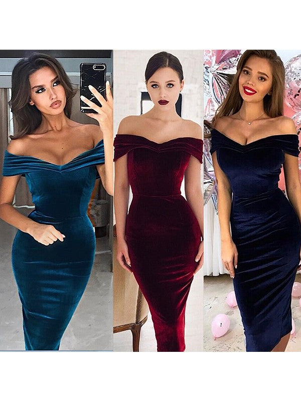 Too Much Fun Sheath Style Velvet Ruched Off-the-Shoulder Sleeveless Tea-Length Prom Dress