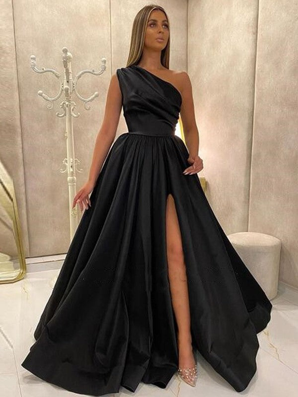 Pretty Looks A-Line Satin Ruffles One-Shoulder Sleeveless Sweep/Brush Train Prom Dress