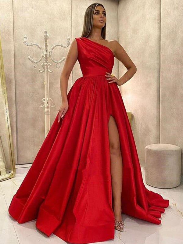 Pretty Looks A-Line Satin Ruffles One-Shoulder Sleeveless Sweep/Brush Train Prom Dress