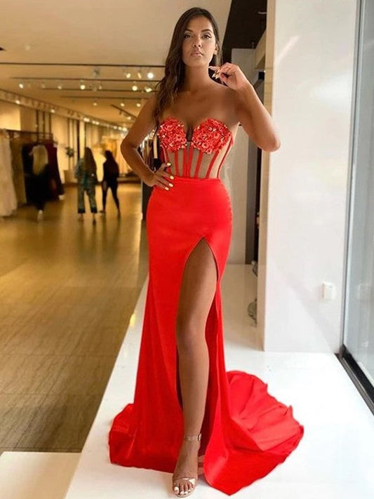 Intuitive Impact Sheath Elastic Woven Satin Applique Sweetheart Sleeveless Sweep/Brush Train Prom Dress