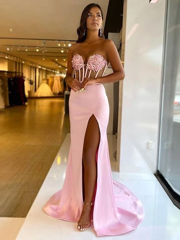 Intuitive Impact Sheath Elastic Woven Satin Applique Sweetheart Sleeveless Sweep/Brush Train Prom Dress