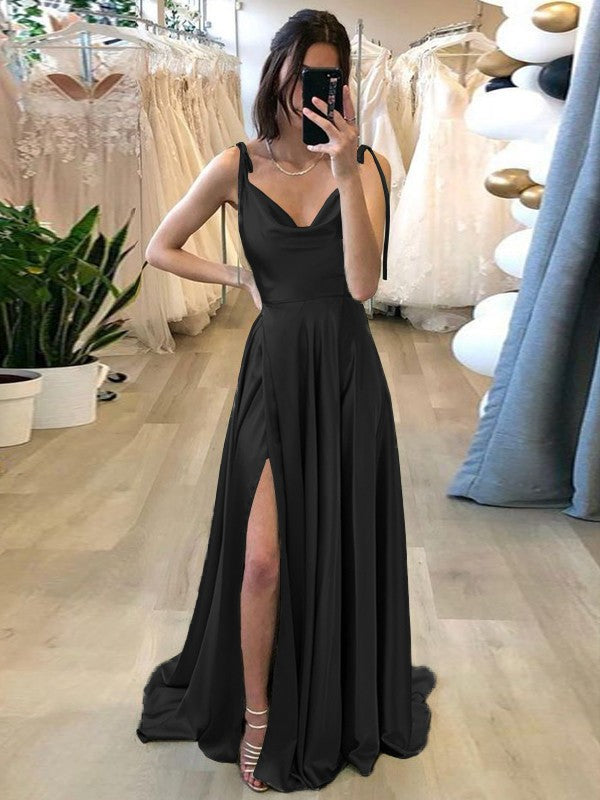Stylish Refresh Princess Style Silk like Satin Ruffles Spaghetti Straps Sleeveless Sweep/Brush Train Prom Dress