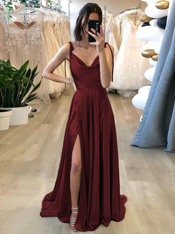 Stylish Refresh Princess Style Silk like Satin Ruffles Spaghetti Straps Sleeveless Sweep/Brush Train Prom Dress