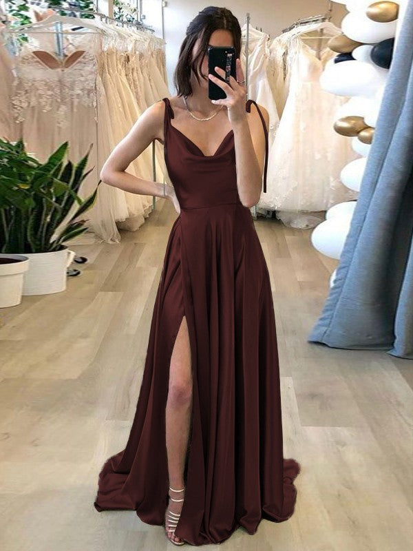 Stylish Refresh Princess Style Silk like Satin Ruffles Spaghetti Straps Sleeveless Sweep/Brush Train Prom Dress