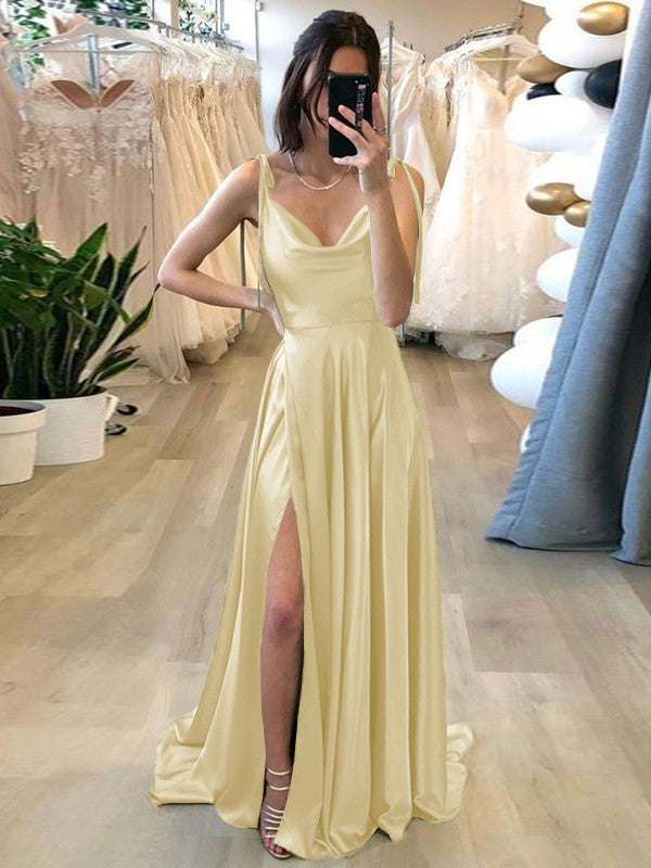 Stylish Refresh Princess Style Silk like Satin Ruffles Spaghetti Straps Sleeveless Sweep/Brush Train Prom Dress