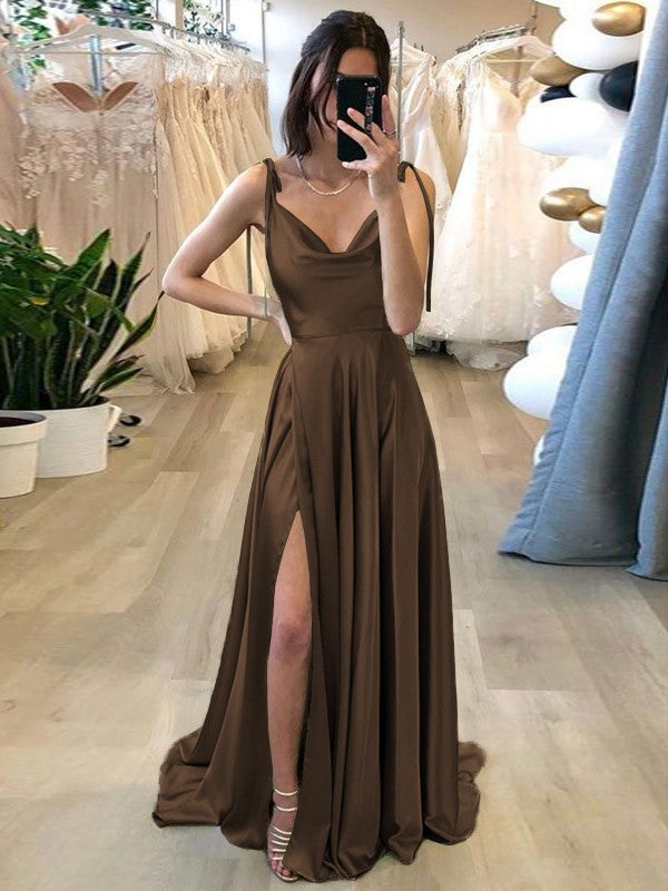 Stylish Refresh Princess Style Silk like Satin Ruffles Spaghetti Straps Sleeveless Sweep/Brush Train Prom Dress