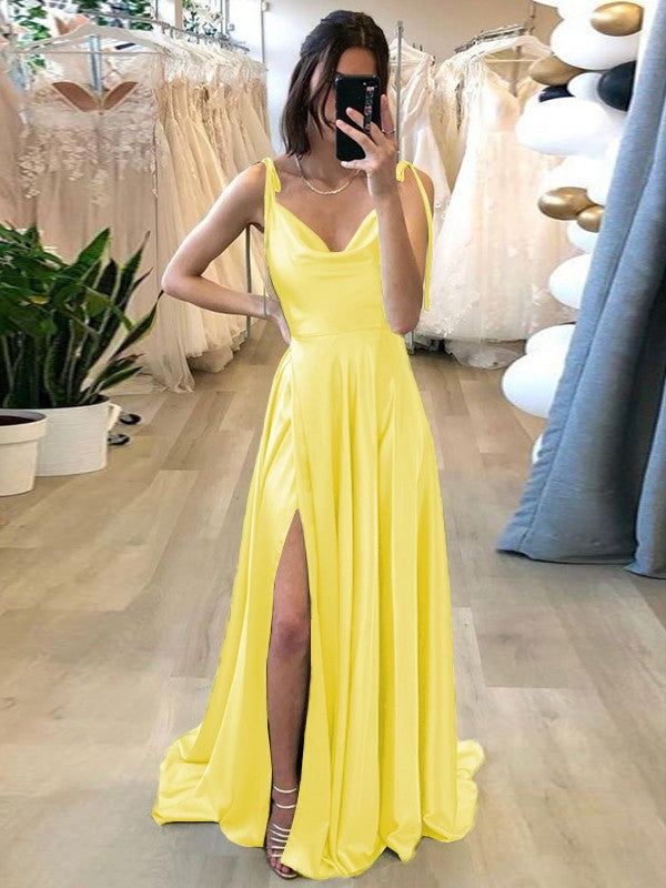 Stylish Refresh Princess Style Silk like Satin Ruffles Spaghetti Straps Sleeveless Sweep/Brush Train Prom Dress