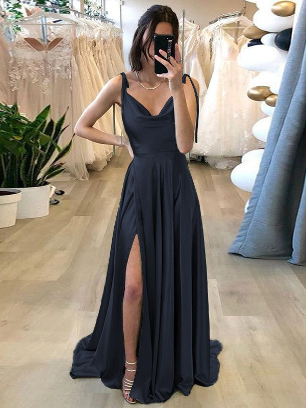 Stylish Refresh Princess Style Silk like Satin Ruffles Spaghetti Straps Sleeveless Sweep/Brush Train Prom Dress