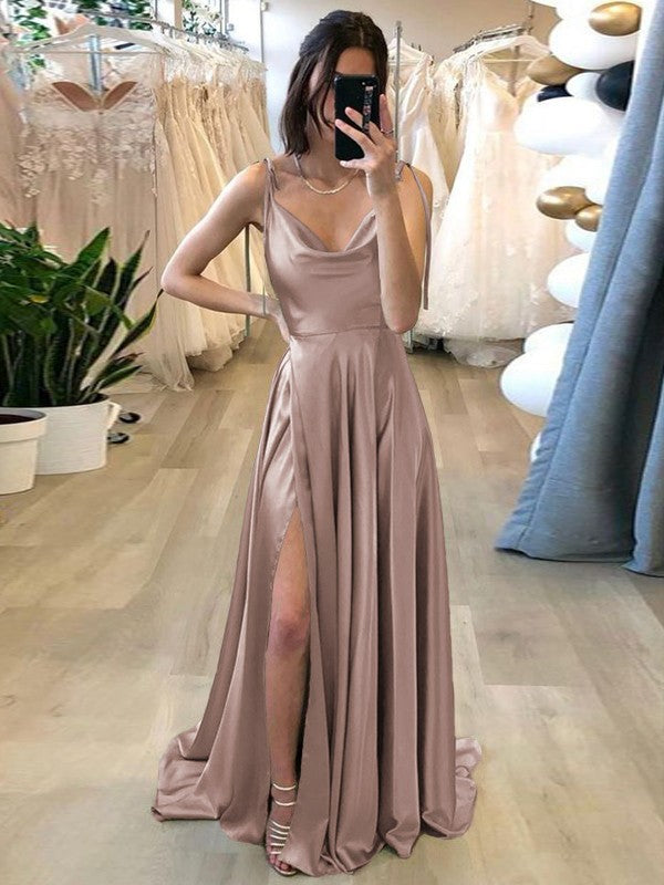 Stylish Refresh Princess Style Silk like Satin Ruffles Spaghetti Straps Sleeveless Sweep/Brush Train Prom Dress