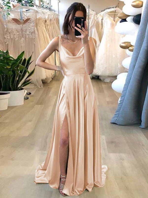 Stylish Refresh Princess Style Silk like Satin Ruffles Spaghetti Straps Sleeveless Sweep/Brush Train Prom Dress