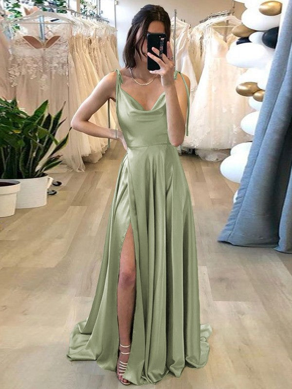 Stylish Refresh Princess Style Silk like Satin Ruffles Spaghetti Straps Sleeveless Sweep/Brush Train Prom Dress