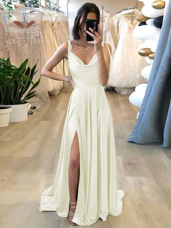 Stylish Refresh Princess Style Silk like Satin Ruffles Spaghetti Straps Sleeveless Sweep/Brush Train Prom Dress