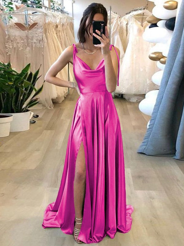 Stylish Refresh Princess Style Silk like Satin Ruffles Spaghetti Straps Sleeveless Sweep/Brush Train Prom Dress