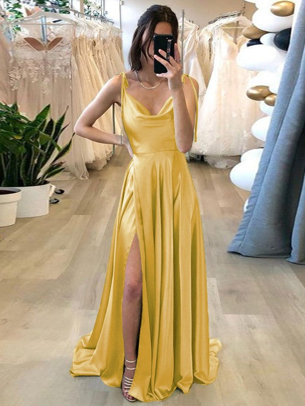 Stylish Refresh Princess Style Silk like Satin Ruffles Spaghetti Straps Sleeveless Sweep/Brush Train Prom Dress