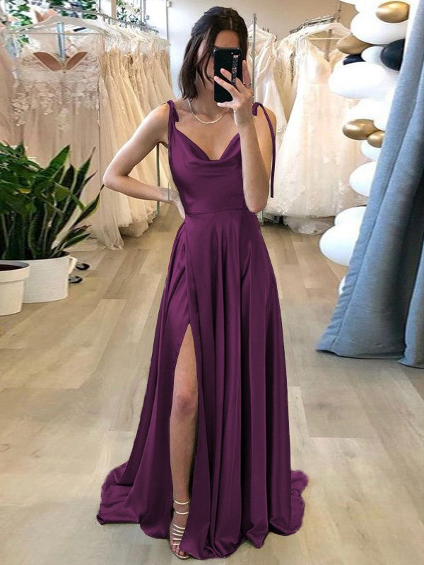 Stylish Refresh Princess Style Silk like Satin Ruffles Spaghetti Straps Sleeveless Sweep/Brush Train Prom Dress