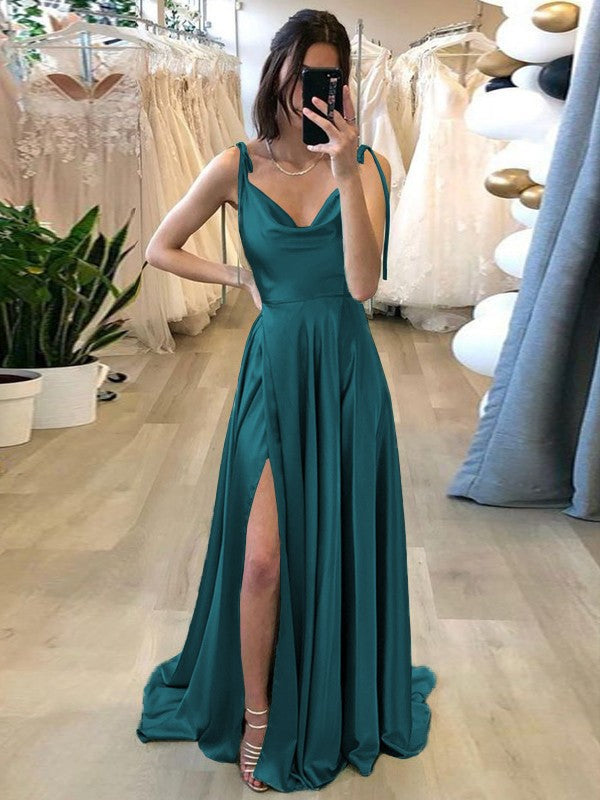 Stylish Refresh Princess Style Silk like Satin Ruffles Spaghetti Straps Sleeveless Sweep/Brush Train Prom Dress