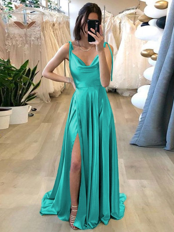 Stylish Refresh Princess Style Silk like Satin Ruffles Spaghetti Straps Sleeveless Sweep/Brush Train Prom Dress