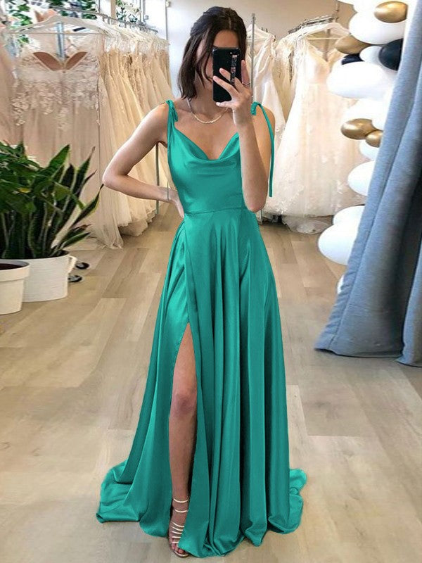 Stylish Refresh Princess Style Silk like Satin Ruffles Spaghetti Straps Sleeveless Sweep/Brush Train Prom Dress