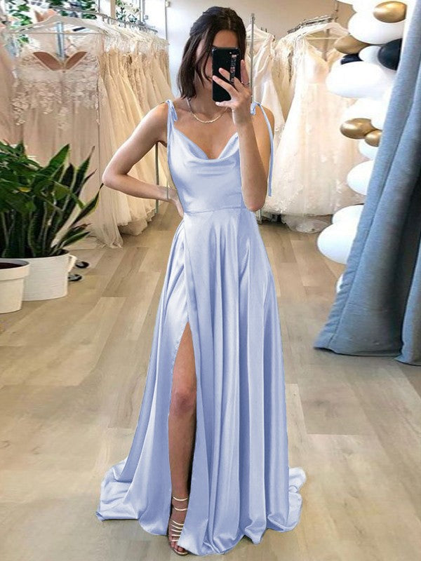 Stylish Refresh Princess Style Silk like Satin Ruffles Spaghetti Straps Sleeveless Sweep/Brush Train Prom Dress