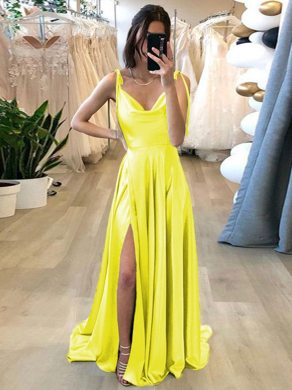 Stylish Refresh Princess Style Silk like Satin Ruffles Spaghetti Straps Sleeveless Sweep/Brush Train Prom Dress
