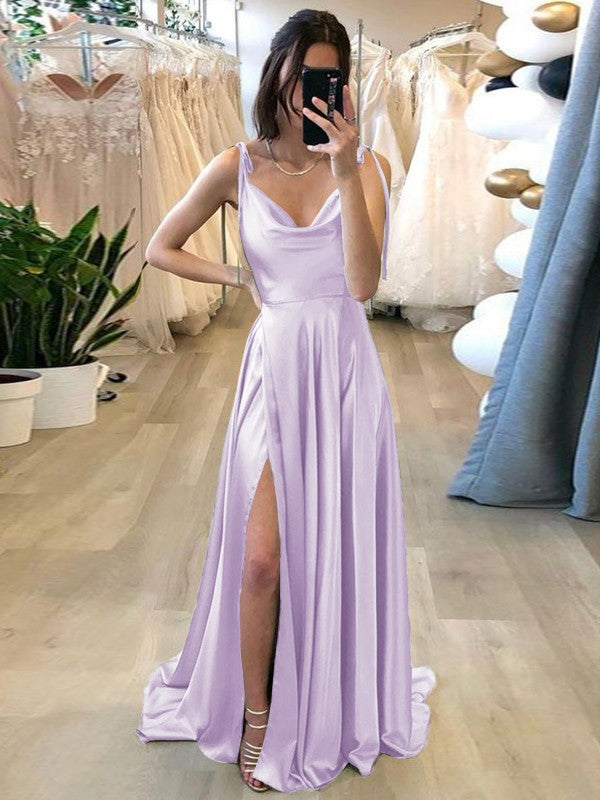 Stylish Refresh Princess Style Silk like Satin Ruffles Spaghetti Straps Sleeveless Sweep/Brush Train Prom Dress