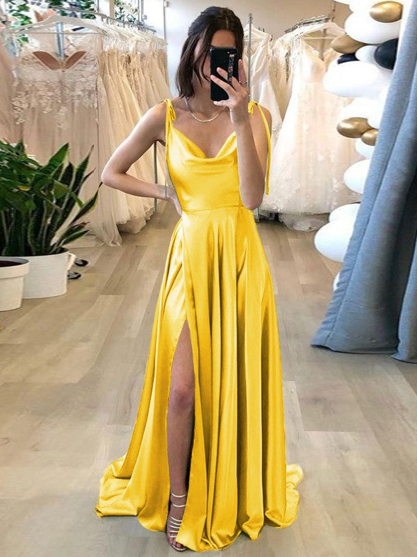 Stylish Refresh Princess Style Silk like Satin Ruffles Spaghetti Straps Sleeveless Sweep/Brush Train Prom Dress