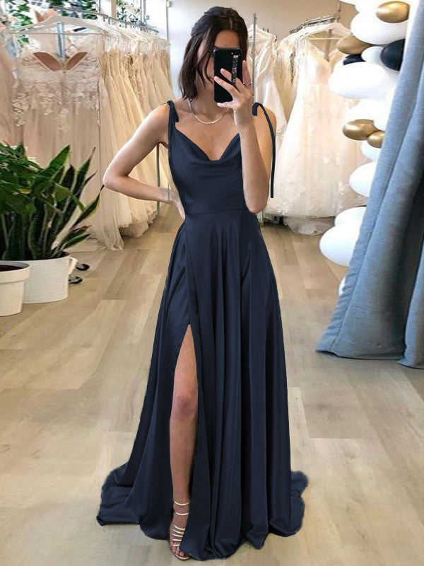 Stylish Refresh Princess Style Silk like Satin Ruffles Spaghetti Straps Sleeveless Sweep/Brush Train Bridesmaid Dresses