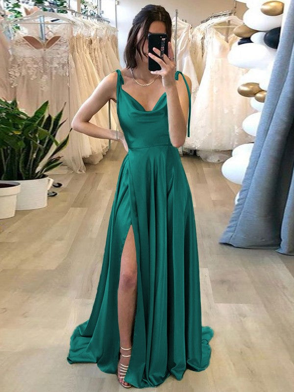 Stylish Refresh Princess Style Silk like Satin Ruffles Spaghetti Straps Sleeveless Sweep/Brush Train Prom Dress
