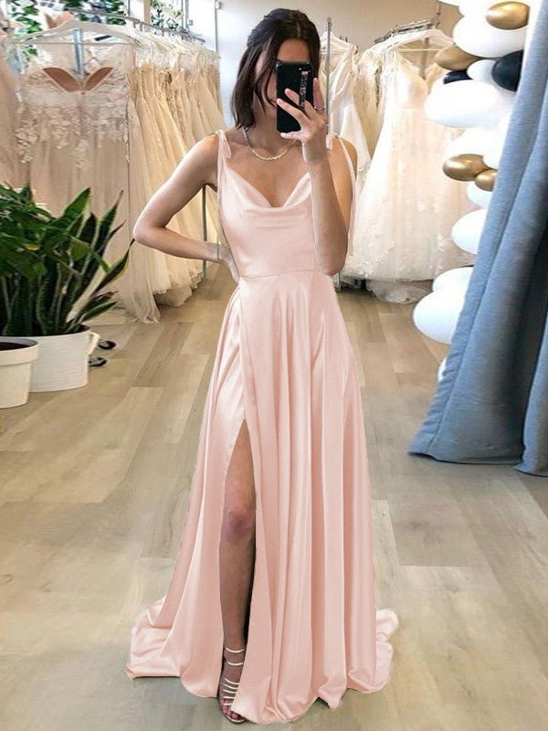 Stylish Refresh Princess Style Silk like Satin Ruffles Spaghetti Straps Sleeveless Sweep/Brush Train Prom Dress