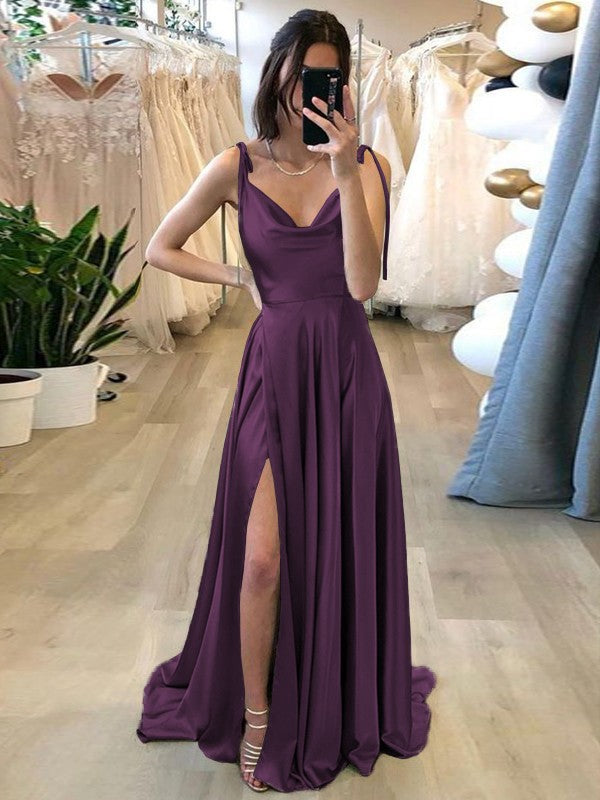 Stylish Refresh Princess Style Silk like Satin Ruffles Spaghetti Straps Sleeveless Sweep/Brush Train Prom Dress