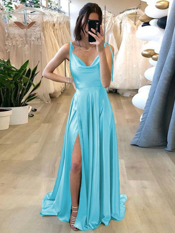 Stylish Refresh Princess Style Silk like Satin Ruffles Spaghetti Straps Sleeveless Sweep/Brush Train Prom Dress