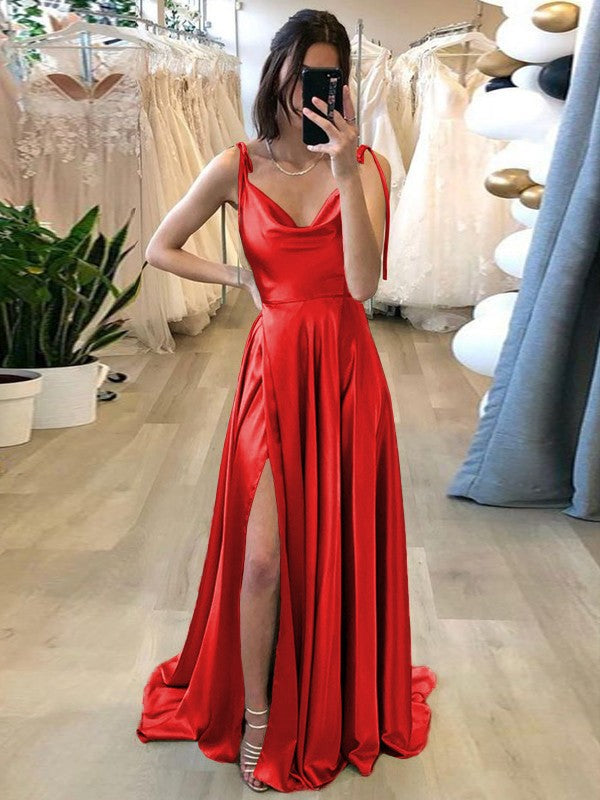 Stylish Refresh Princess Style Silk like Satin Ruffles Spaghetti Straps Sleeveless Sweep/Brush Train Prom Dress