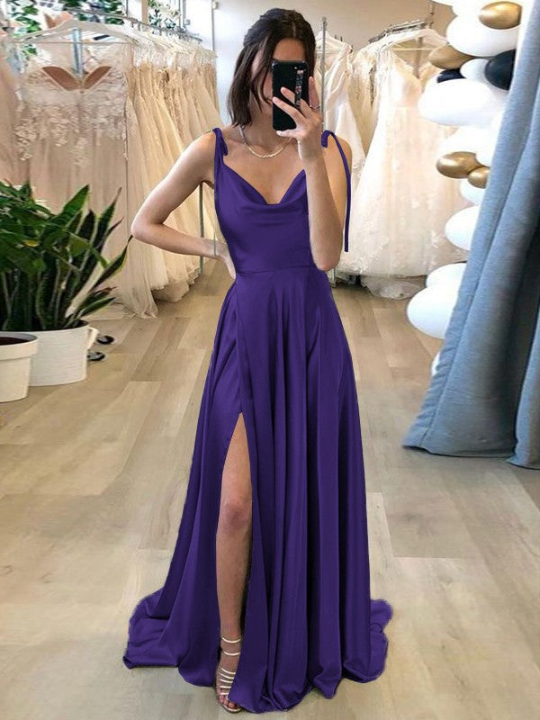 Stylish Refresh Princess Style Silk like Satin Ruffles Spaghetti Straps Sleeveless Sweep/Brush Train Prom Dress