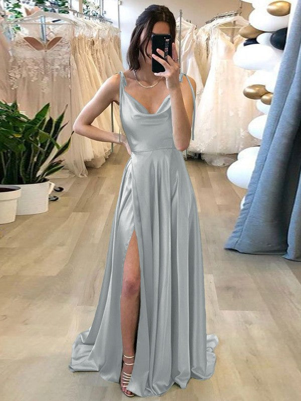 Stylish Refresh Princess Style Silk like Satin Ruffles Spaghetti Straps Sleeveless Sweep/Brush Train Prom Dress