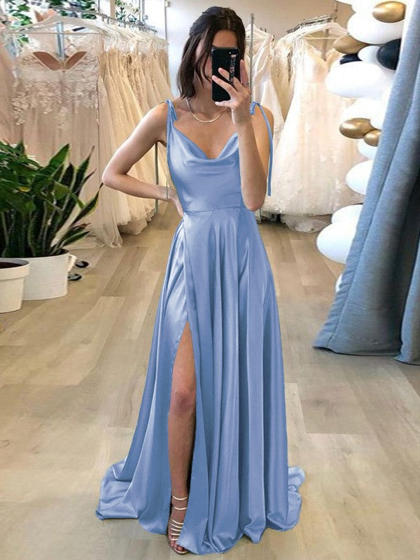 Stylish Refresh Princess Style Silk like Satin Ruffles Spaghetti Straps Sleeveless Sweep/Brush Train Prom Dress