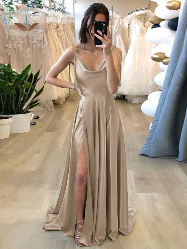 Stylish Refresh Princess Style Silk like Satin Ruffles Spaghetti Straps Sleeveless Sweep/Brush Train Prom Dress