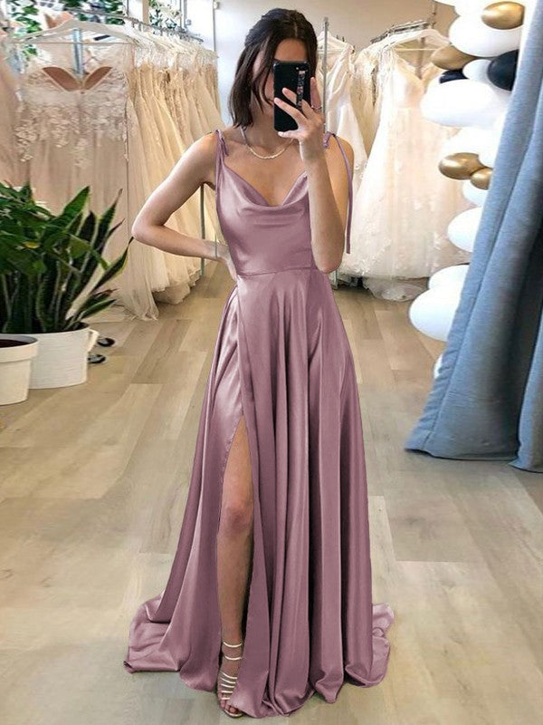 Stylish Refresh Princess Style Silk like Satin Ruffles Spaghetti Straps Sleeveless Sweep/Brush Train Prom Dress