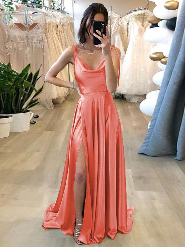 Stylish Refresh Princess Style Silk like Satin Ruffles Spaghetti Straps Sleeveless Sweep/Brush Train Prom Dress