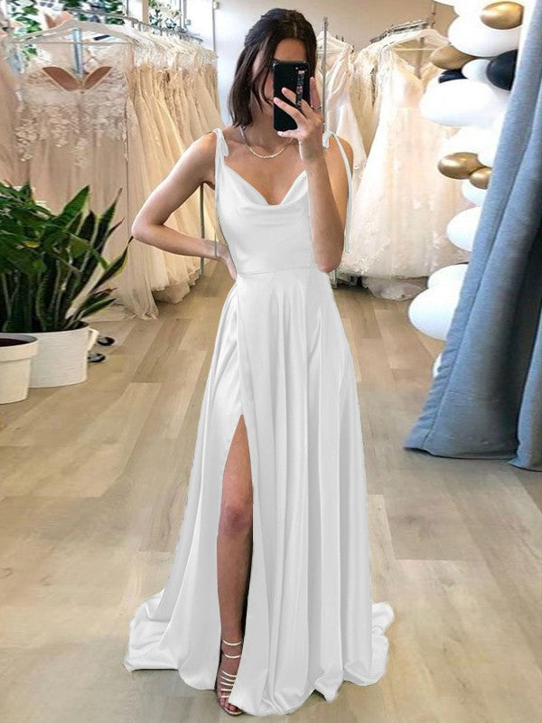 Stylish Refresh Princess Style Silk like Satin Ruffles Spaghetti Straps Sleeveless Sweep/Brush Train Prom Dress