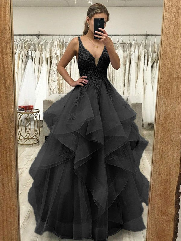 Touch of Texture Princess Style Tulle Applique V-neck Sleeveless Floor-Length Corset Prom Dress