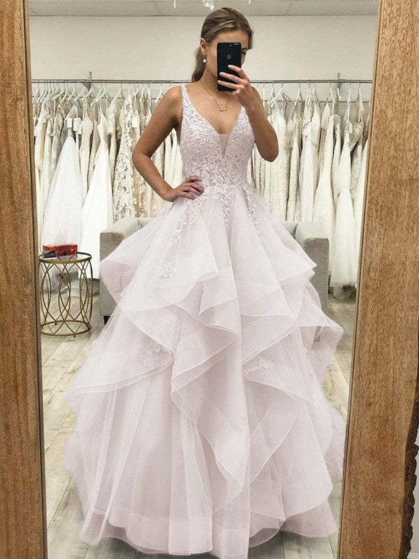 Touch of Texture Princess Style Tulle Applique V-neck Sleeveless Floor-Length Corset Prom Dress