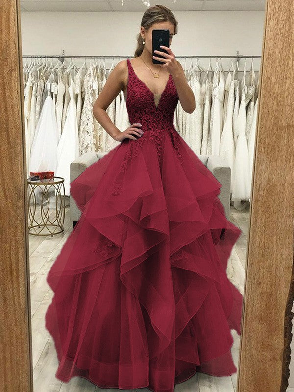 Touch of Texture Princess Style Tulle Applique V-neck Sleeveless Floor-Length Corset Prom Dress