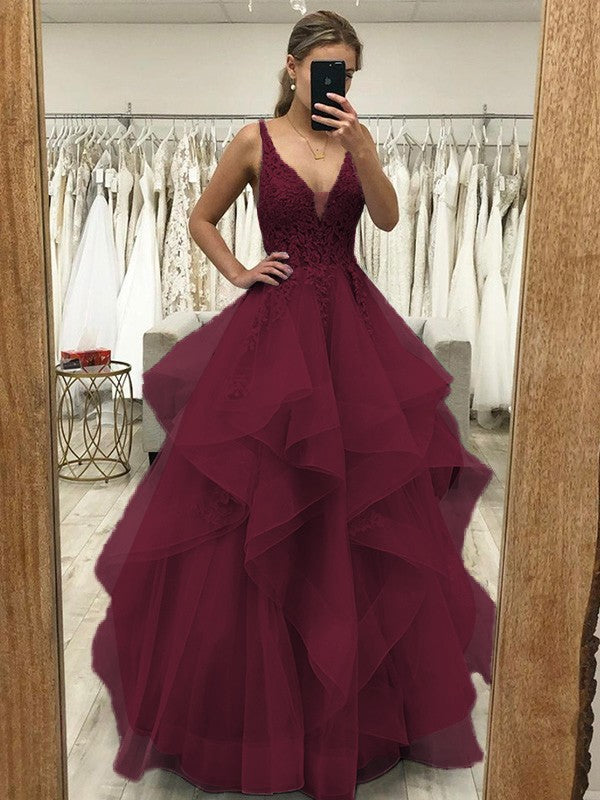 Touch of Texture Princess Style Tulle Applique V-neck Sleeveless Floor-Length Corset Prom Dress
