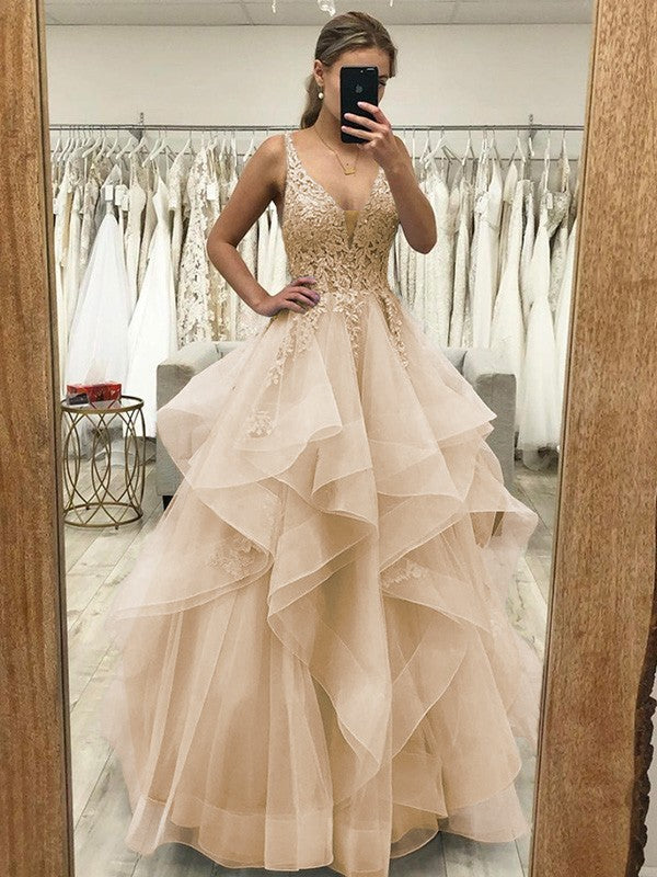 Touch of Texture Princess Style Tulle Applique V-neck Sleeveless Floor-Length Corset Prom Dress