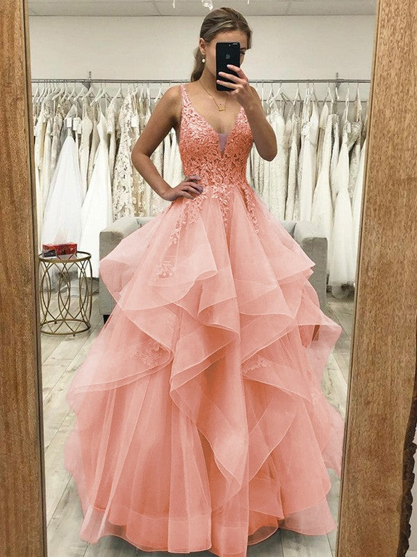 Touch of Texture Princess Style Tulle Applique V-neck Sleeveless Floor-Length Corset Prom Dress