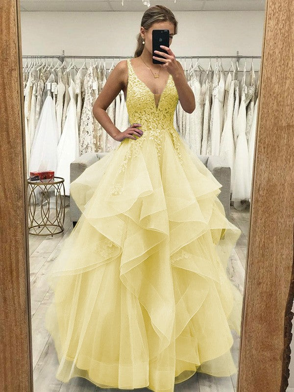 Touch of Texture Princess Style Tulle Applique V-neck Sleeveless Floor-Length Corset Prom Dress