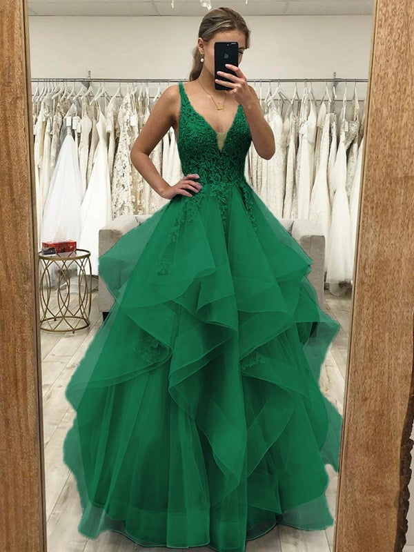 Touch of Texture Princess Style Tulle Applique V-neck Sleeveless Floor-Length Corset Prom Dress