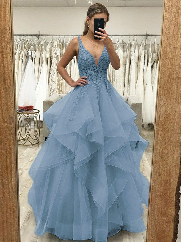Touch of Texture Princess Style Tulle Applique V-neck Sleeveless Floor-Length Corset Prom Dress